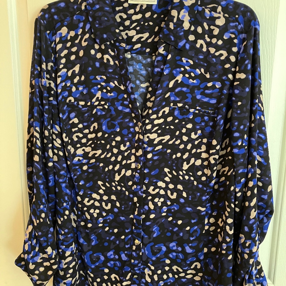 Dana Buchman XL purple, black & tan print polyester blouse